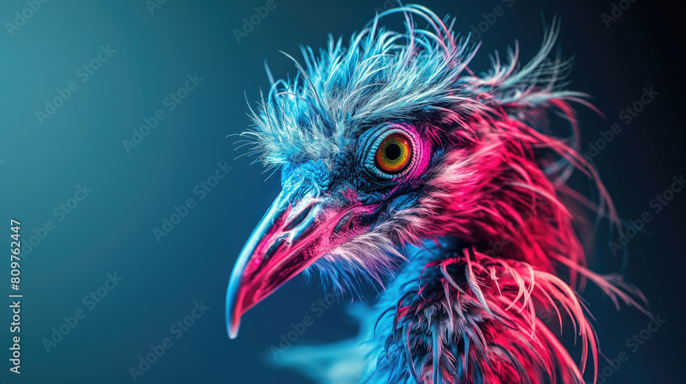 Emu portrait in neon blue and pink light wallpaper with copy space