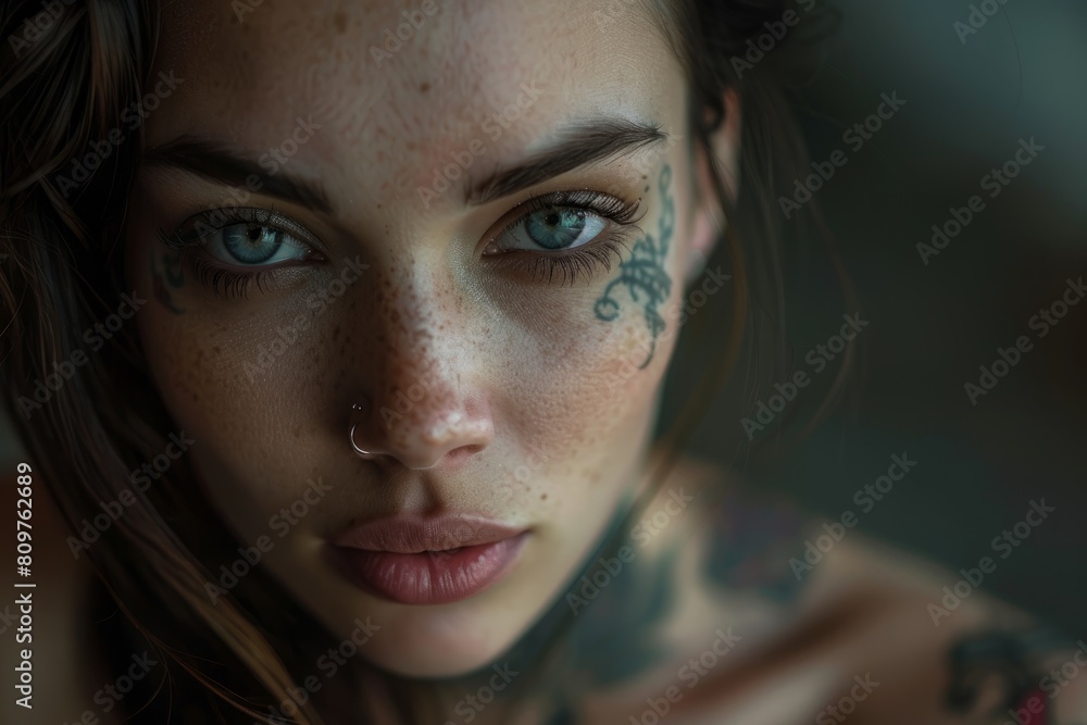 A young woman with tattoos on her face looking confidently at the camera in a close-up shot