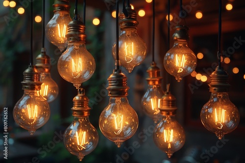 Close-up of vintage style light bulbs with glowing filaments, offering a warm and inviting atmosphere and showcasing a retro lighting design