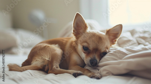 Cute chihuahua dogs on bed at home