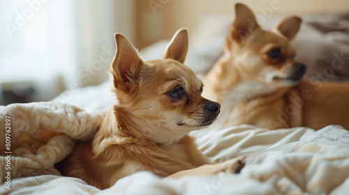 Cute chihuahua dogs on bed at home