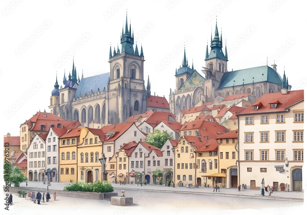 Obraz premium Czech Country Landscape Watercolor Illustration Art