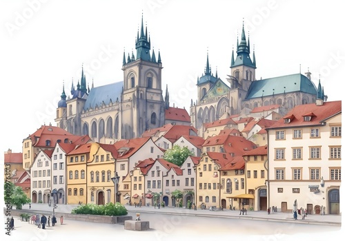 Czech Country Landscape Watercolor Illustration Art