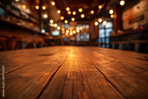 A detailed view of a wooden table in a bustling restaurant  showcasing the rich texture and detail of the hardwood surface