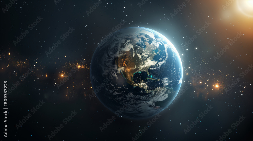 Naklejka premium Blue planet visible from outer space, orbital view of planet Earth in cosmos