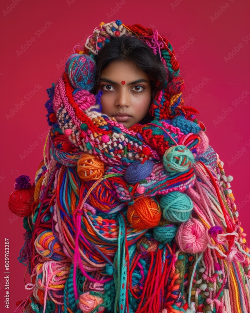 Asian women wrapped in an impossible amount of colorful knitted yarn, national fashions. On a colored background Asian women wrapped in an impossible amount of colorful knitted yarn, national fashions. On a colored background