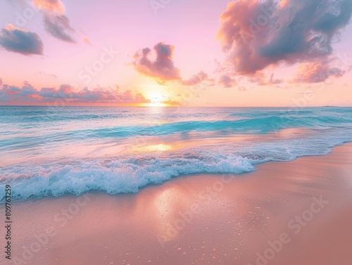 A beautiful beach with a pink and blue sky and a calm ocean