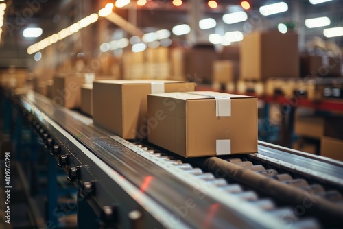 Boxes of products are being transported on a conveyor belt in a factory setting
