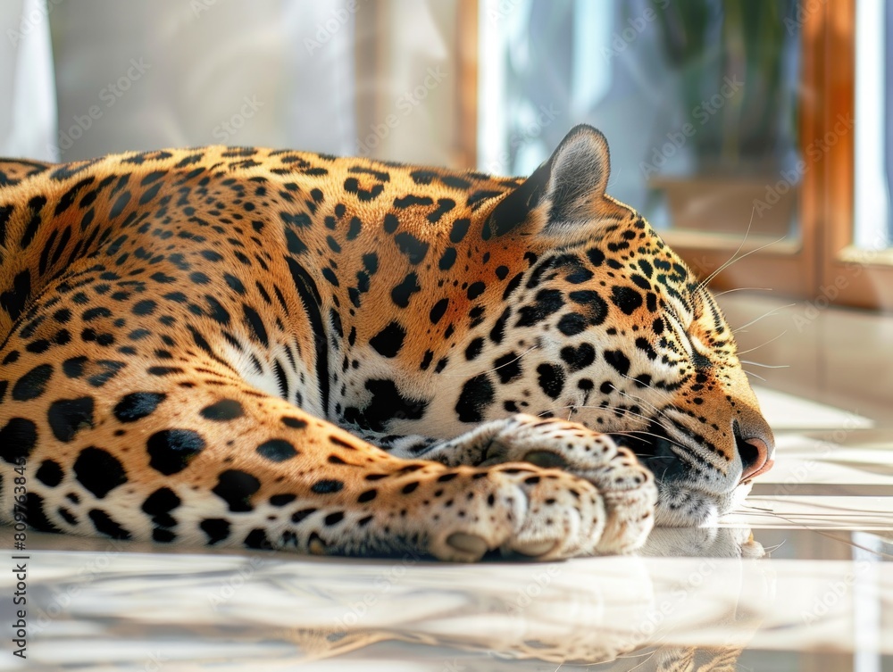 Fototapeta premium A jaguar is sleeping on a white floor