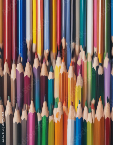 colored pencils lined up next to each other, isolated white background