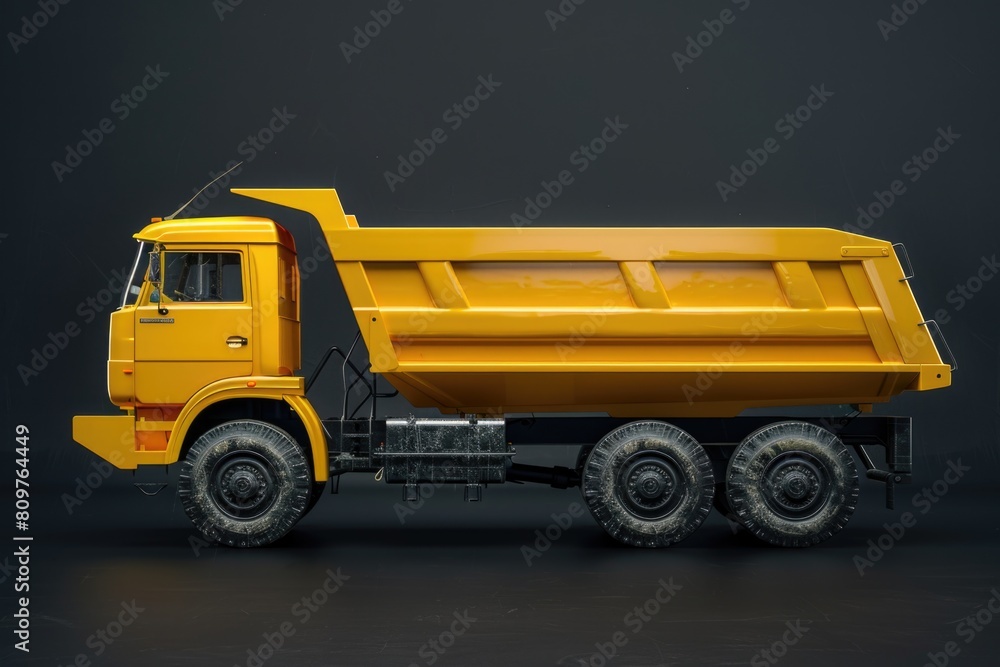 A yellow dump truck is parked on a black surface A yellow dump truck is parked on a black surface
