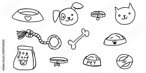 Doodle dog, cat, pet, veterinary set. Hand drawn toys and accessories for dogs. Feeding, playing, caring for the animal. Stock vector illustration on a white background.