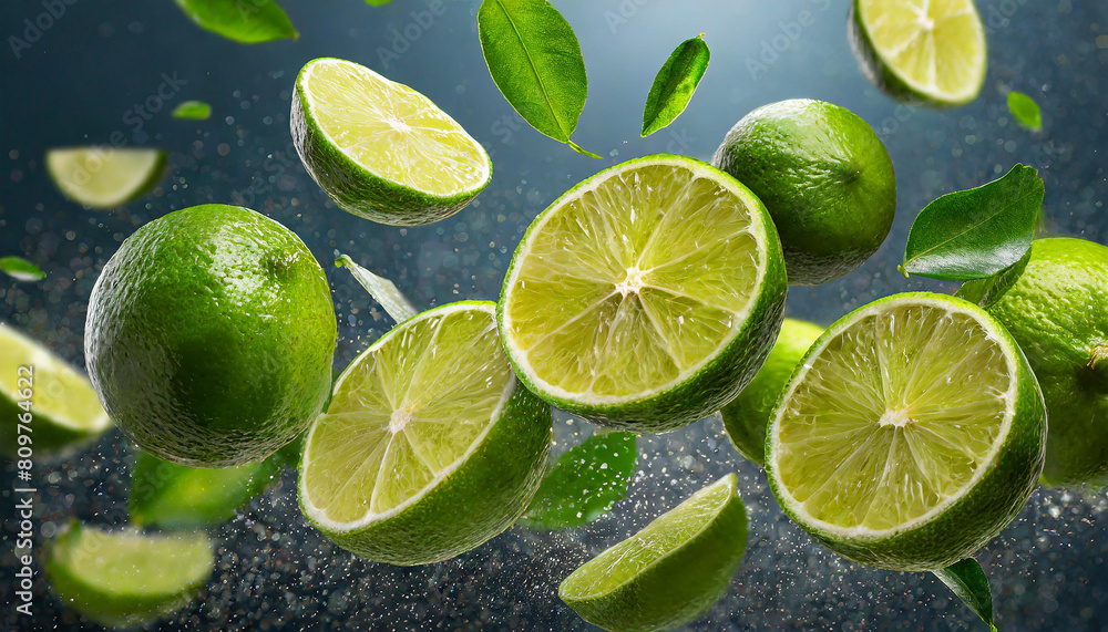 Flying lime fruits isolated on white background. Lime slices. food concept. Tropical organic fruit with vitamin C. Flying lime fruits isolated on white background. Lime slices. food concept. Tropical organic fruit with vitamin C.