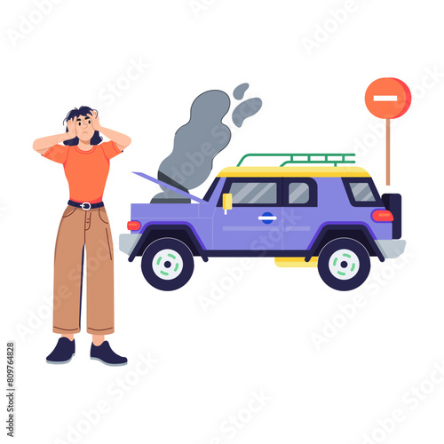 A flat style illustration of car breakdown 