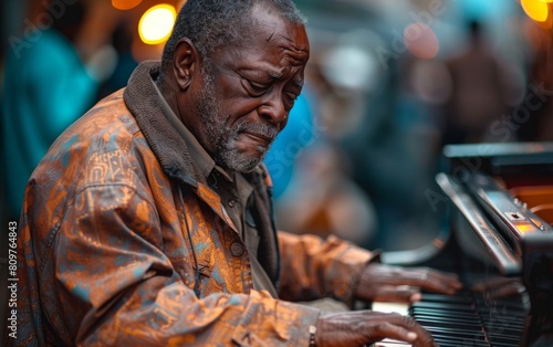 Wallpaper Mural A man is playing the piano with a sad expression on his face. The scene is set in a public area, with other people around. The man's playing is the main focus of the image Torontodigital.ca