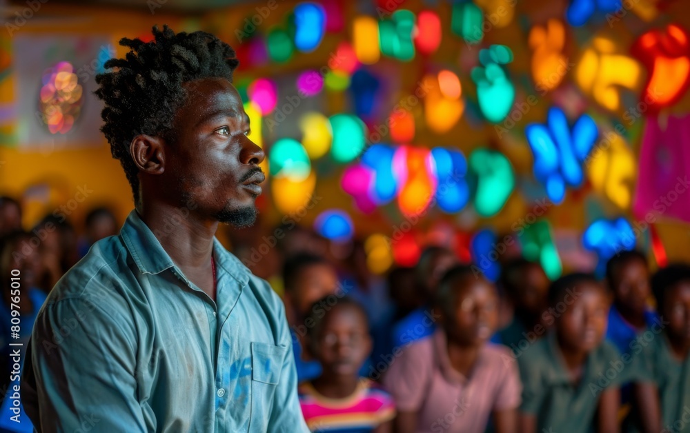 Obraz premium A man with dreadlocks is standing in front of a crowd of people. The crowd is watching him intently