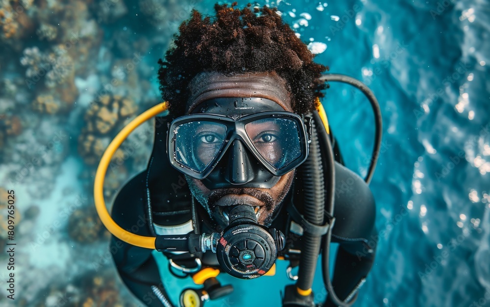 A man in a black wet suit is underwater with his face covered by a mask A man in a black wet suit is underwater with his face covered by a mask