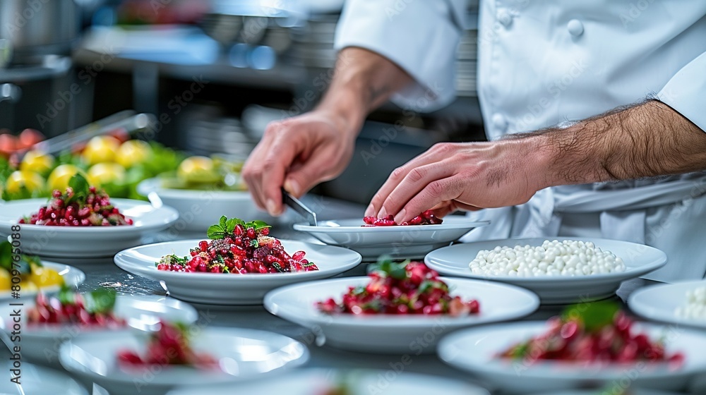   A chef in a uniform is meticulously preparing an array of dishes on a table adorned with numerous plates