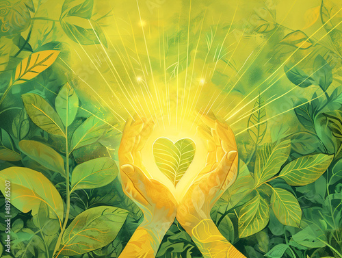 hand holding an uplifted glowing yellow heart on a botanical leaf background,radiant light from center,healing mental health photo