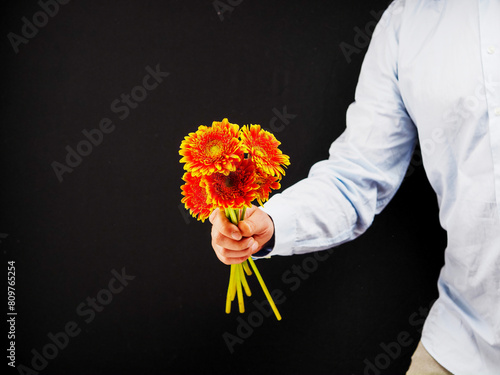 Man hand holding glass square vase with colorful red and yellow germini flower bouquet. Romantic gesture, dark background Expression of love and appreciation. No face, copy and space for a message photo