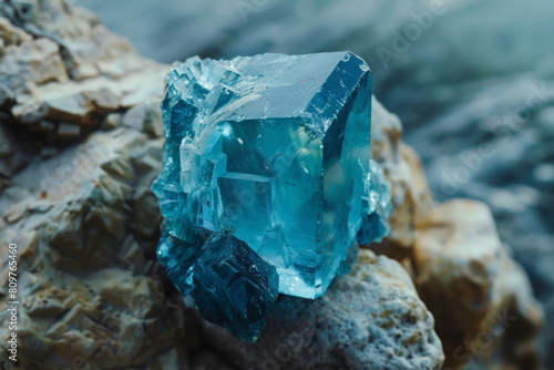 Closeup photo of a big aquamarine crystal laying on the rock