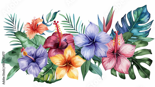 Colorful watercolor banner featuring a variety of tropical flowers and foliage  set against a white background