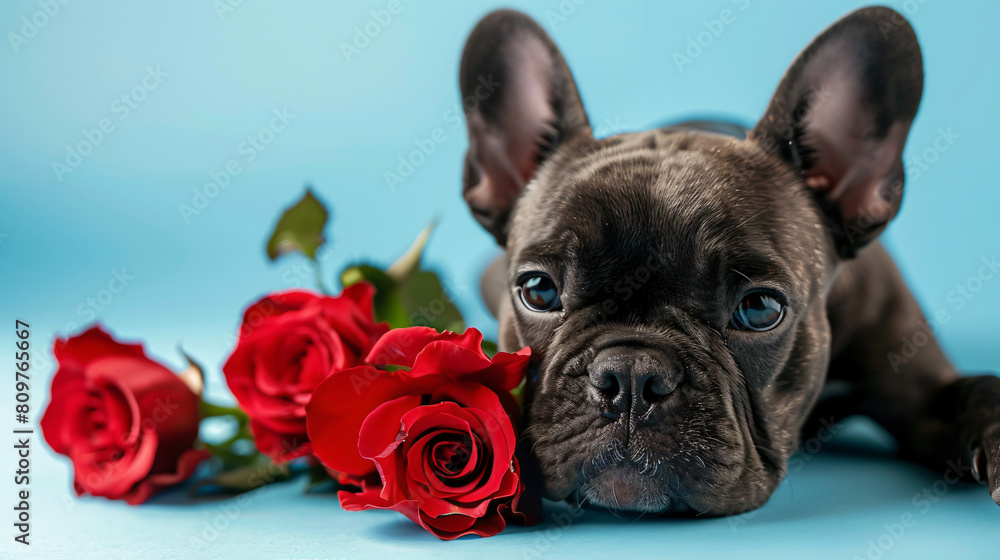 Cute French bulldog with roses on blue background. 