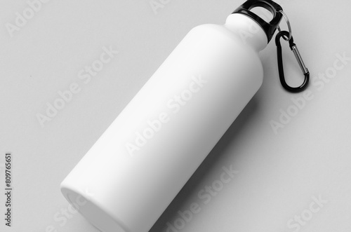 White reusable water bottle mockup, closeup.