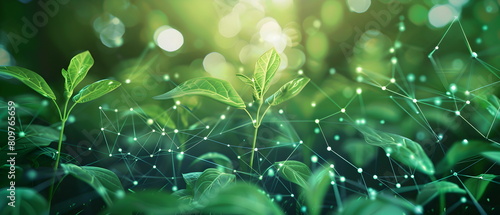 abstract biotechnology innovation, dynamic digital background with molecular structures and technological elements Overlaid with images of green biotechnology seedlings