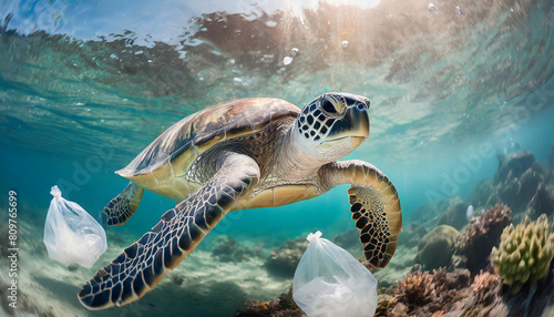 Sea turtle swimming in ocean, Plastic pollution in ocean, Turtles eat plastic bags mistaking them for jellyfish Environmental Problem, World Ocean Day, and World Environment Day concept. © Kwangvann Ztudio