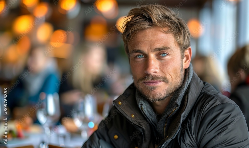 A man with a beard and blue eyes is sitting at a table with a group of people. He is smiling and looking at the camera A man with a beard and blue eyes is sitting at a table with a group of people. He is smiling and looking at the camera