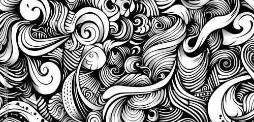 Continuous line doodle background in black and white with a theme of hand-drawn sports scenes.