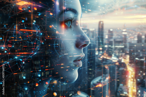 Cybernetic Singularity in Futuristic Cityscape