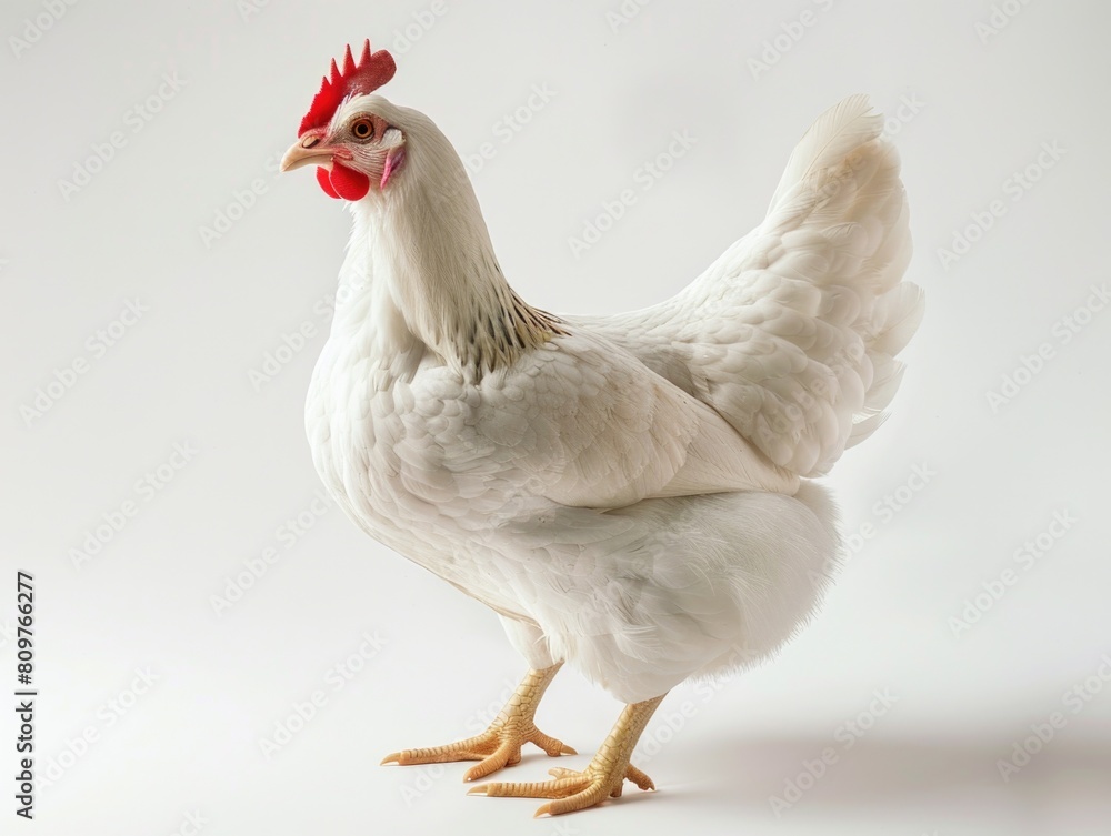 A white chicken with red comb stands on a white background A white chicken with red comb stands on a white background