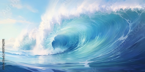  An Ocean wave with a distant surfer, creating an atmosphere of adventure and excitement.