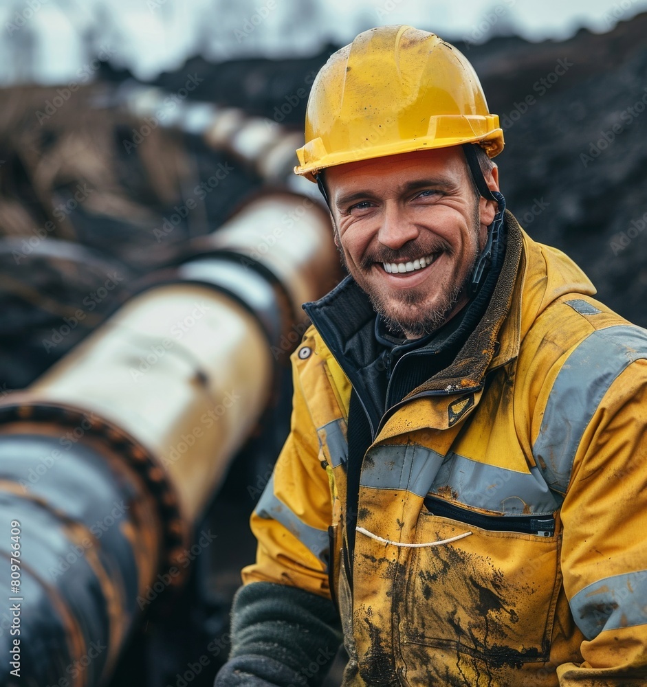 A content male construction worker sporting a yellow helmet and reflective jacket beams A content male construction worker sporting a yellow helmet and reflective jacket beams