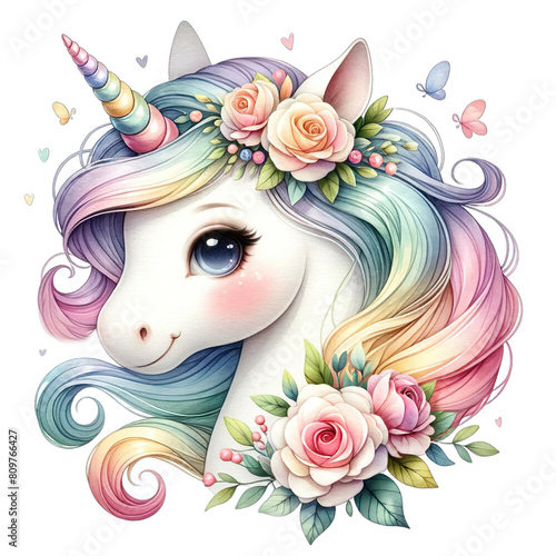 Watercolor Illustration of Unicorn with Rainbow Mane, Flowers, and Roses 