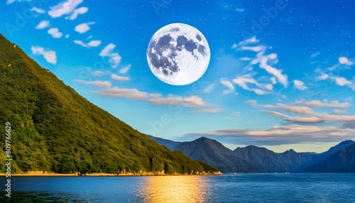 a detailed   fine art   portrait  stylized as an oil painting of the moon at night with beautiful mountains and sea  maiko glacier bay national park