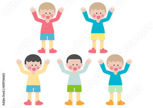 両手を上げる男の子達のイラスト