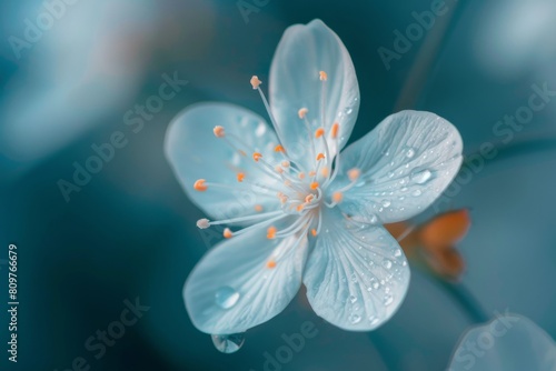 A stunning close-up of a blue flower with delicate petals adorned with refreshing dew drops