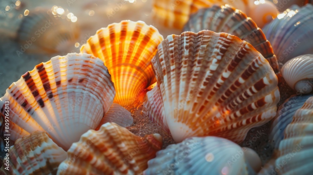Close-up of sparkling seashells in warm light during a tranquil sunset evoking a serene, peaceful mood Captures the beauty of nature's artistry Close-up of sparkling seashells in warm light during a tranquil sunset evoking a serene, peaceful mood Captures the beauty of nature's artistry