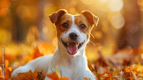 Cute Jack Russel terrier in autumn park closeup photo