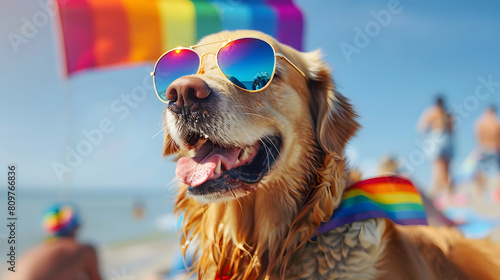 Happy golden retriever Labrador dog wearing mirrored multicoloured sunglasses on the beach during summer vacation. Pride month celebration with pets rainbow flags photo