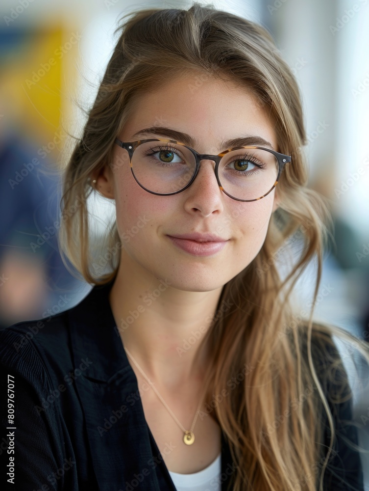 A woman with glasses and a necklace is smiling for the camera A woman with glasses and a necklace is smiling for the camera