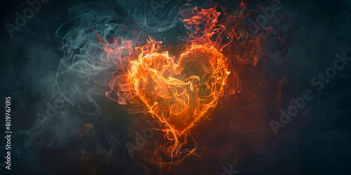 Burning Heart flames and smoke swirl around heart shaped Hot fires flames in heart shape abstract texture

 photo