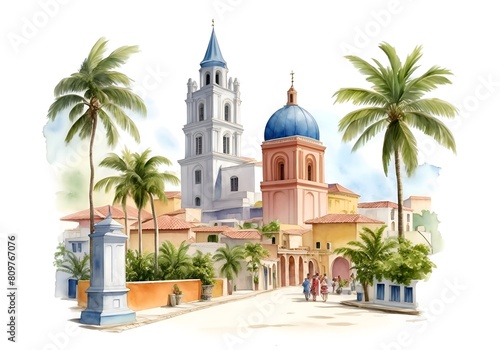 Dominican Republic Country Landscape Watercolor Illustration Art