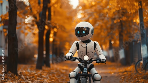 Happy humanoid robot rides a bicycle along the autumn alley. Robotic object experiences feelings and emotions. Concept of technology development in the form of artificial intelligence 