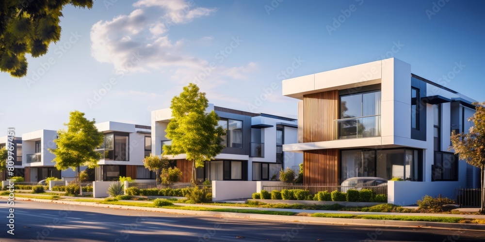 Fototapeta premium Real estate investment banner showcasing a row of newly constructed townhouses with modern architecture and landscaped gardens, against a backdrop of blue skies and fluffy white clouds, enticing poten