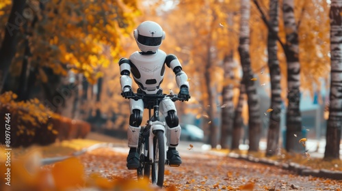 Happy humanoid robot rides a bicycle along the autumn alley. Robotic object experiences feelings and emotions. Concept of technology development in the form of artificial intelligence 