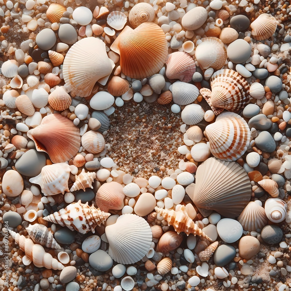 summer pebble beach background with shells and empty space in center, generative ai summer pebble beach background with shells and empty space in center, generative ai